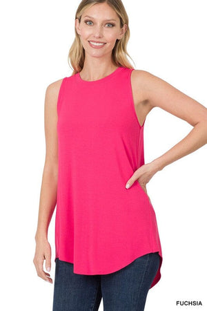 LUXE RAYON SLEEVELESS ROUND NECK HI-LOW HEM TOP ZENANA 