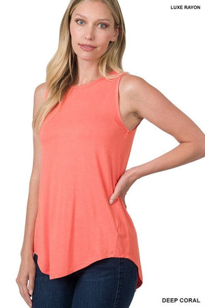 LUXE RAYON SLEEVELESS ROUND NECK HI-LOW HEM TOP ZENANA 