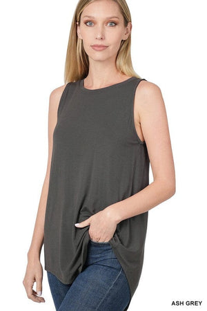 LUXE RAYON SLEEVELESS ROUND NECK HI-LOW HEM TOP ZENANA ASH GREY S 