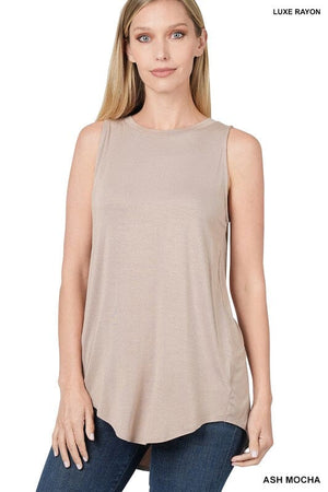 LUXE RAYON SLEEVELESS ROUND NECK HI-LOW HEM TOP ZENANA ASH MOCHA S 