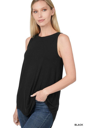 LUXE RAYON SLEEVELESS ROUND NECK HI-LOW HEM TOP ZENANA BLACK S 