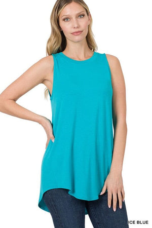 LUXE RAYON SLEEVELESS ROUND NECK HI-LOW HEM TOP ZENANA ICE BLUE S 