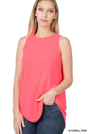 LUXE RAYON SLEEVELESS ROUND NECK HI-LOW HEM TOP ZENANA N CORAL PINK L 