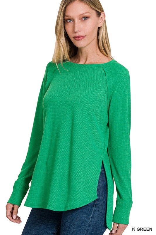 MELAGE BABY WAFFLE LONG SLEEVE TOP ZENANA DUSTY TEAL S 