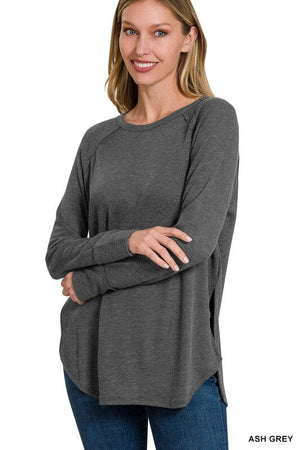 MELAGE BABY WAFFLE LONG SLEEVE TOP ZENANA ASH GREY S 