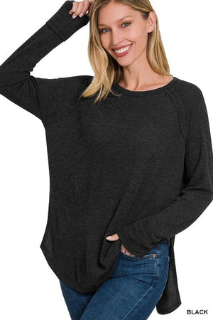 MELAGE BABY WAFFLE LONG SLEEVE TOP ZENANA BLACK S 