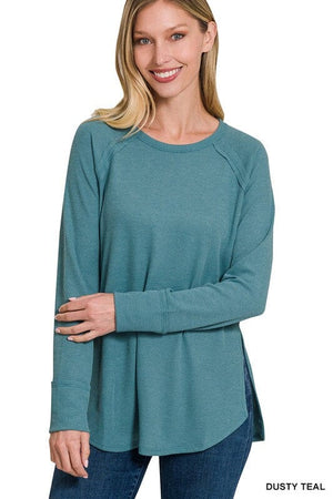 MELAGE BABY WAFFLE LONG SLEEVE TOP ZENANA DUSTY TEAL S 