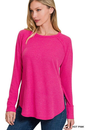 MELAGE BABY WAFFLE LONG SLEEVE TOP ZENANA HOT PINK S 