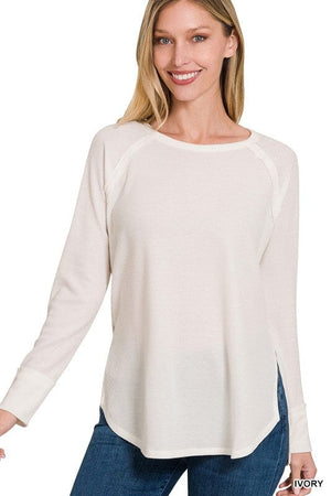 MELAGE BABY WAFFLE LONG SLEEVE TOP ZENANA IVORY S 