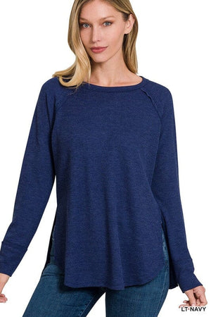 MELAGE BABY WAFFLE LONG SLEEVE TOP ZENANA LT NAVY S 