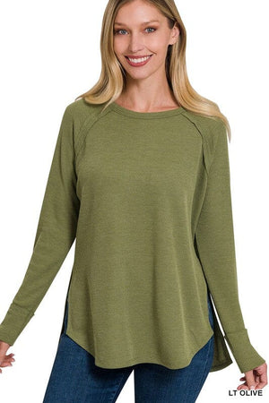 MELAGE BABY WAFFLE LONG SLEEVE TOP ZENANA LT OLIVE S 