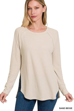 MELAGE BABY WAFFLE LONG SLEEVE TOP ZENANA SAND BEIGE S 