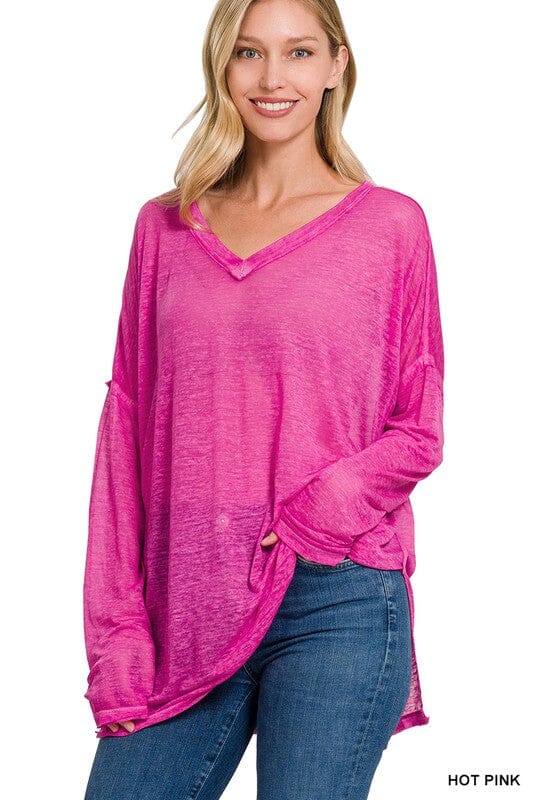 MELANGE BURNOUT DOLMAN SLEEVE V-NECK TOP ZENANA HOT PINK S 