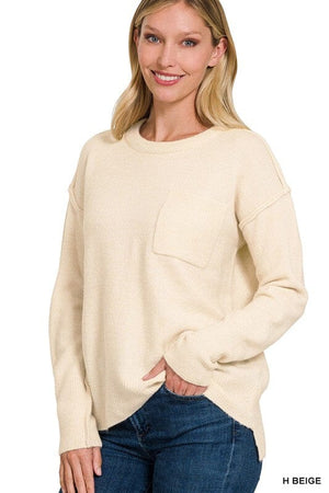 MELANGE HI-LOW HEM ROUND NECK SWEATER ZENANA 