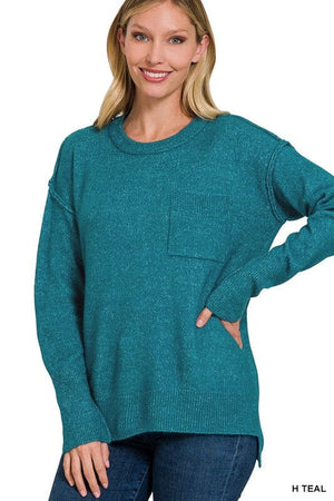 MELANGE HI-LOW HEM ROUND NECK SWEATER ZENANA 