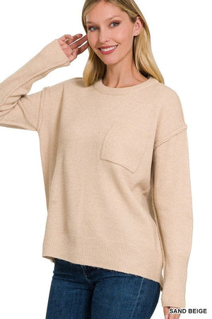 MELANGE HI-LOW HEM ROUND NECK SWEATER ZENANA 