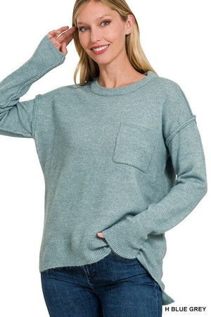 MELANGE HI-LOW HEM ROUND NECK SWEATER ZENANA 