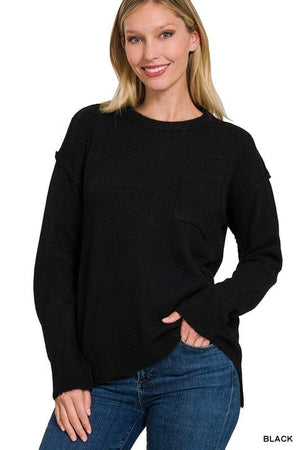 MELANGE HI-LOW HEM ROUND NECK SWEATER ZENANA BLACK S/M 