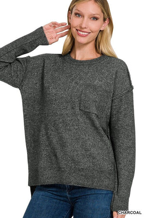 MELANGE HI-LOW HEM ROUND NECK SWEATER ZENANA CHARCOAL S/M 