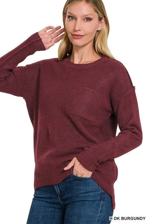 MELANGE HI-LOW HEM ROUND NECK SWEATER ZENANA H DK BURGUNDY S/M 