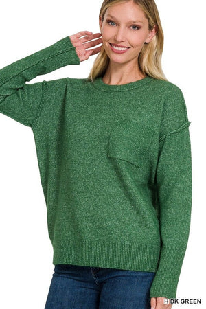 MELANGE HI-LOW HEM ROUND NECK SWEATER ZENANA H DK GREEN S/M 