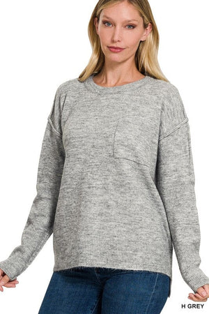 MELANGE HI-LOW HEM ROUND NECK SWEATER ZENANA H GREY S/M 