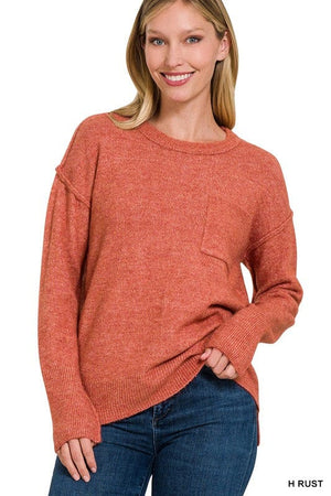 MELANGE HI-LOW HEM ROUND NECK SWEATER ZENANA H RUST S/M 