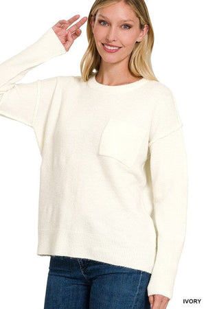 MELANGE HI-LOW HEM ROUND NECK SWEATER ZENANA IVORY S/M 