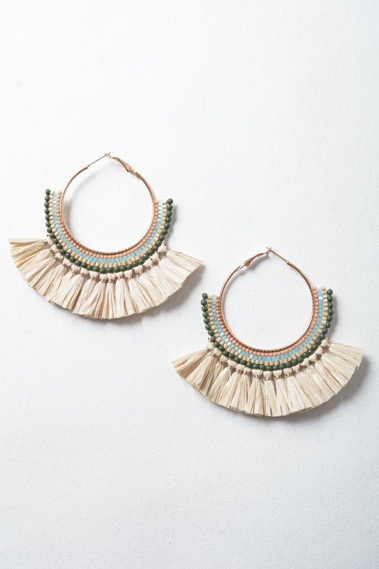 Natural Bead and Raffia Fan Hoop Earrings Leto Accessories As Shown Default 