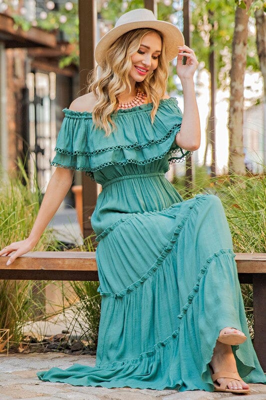 OFF THE SHOULDER RUFFLE MAXI DRESS Knitted Belle Boutique