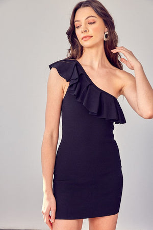 ONE SHOULDER RUFFLE DRESS Do + Be Collection BLACK L 