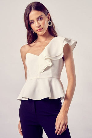 ONE SHOULDER RUFFLE PEPLUM TOP Do + Be Collection WHITE S 