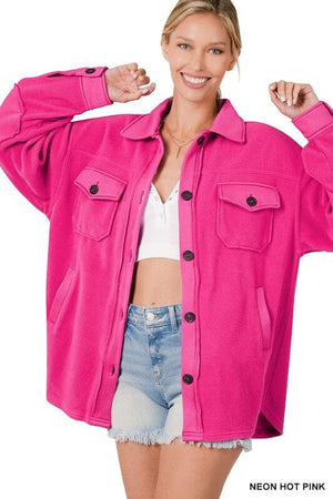 OVERSIZED BASIC FLEECE SHACKET ZENANA NEON HOT PINK S 