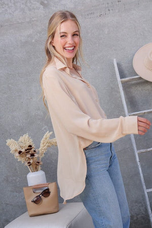 OVERSIZED LONG SLEEVE BUTTON DOWN CHIFFON BLOUSE TIMING 