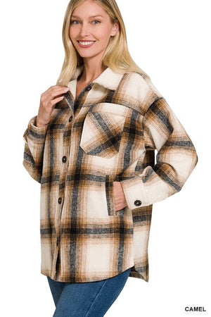 OVERSIZED YARN DYED PLAID LONGLINE SHACKET ZENANA 