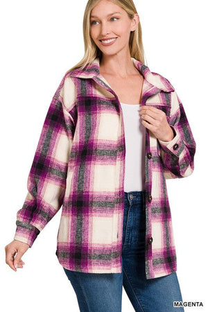 OVERSIZED YARN DYED PLAID LONGLINE SHACKET ZENANA 