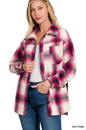 OVERSIZED YARN DYED PLAID LONGLINE SHACKET ZENANA 