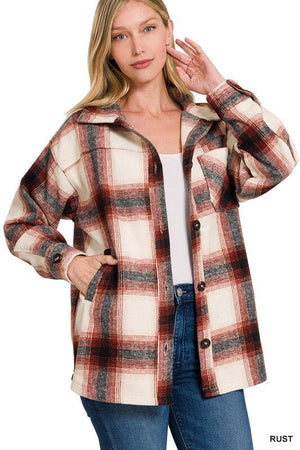 OVERSIZED YARN DYED PLAID LONGLINE SHACKET ZENANA 