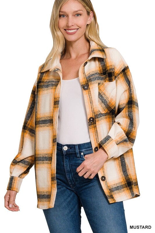 OVERSIZED YARN DYED PLAID LONGLINE SHACKET ZENANA BLACK S 
