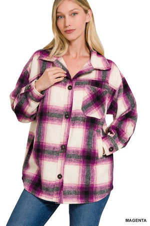 OVERSIZED YARN DYED PLAID LONGLINE SHACKET ZENANA 