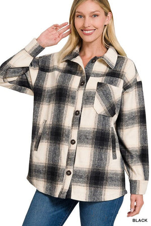 OVERSIZED YARN DYED PLAID LONGLINE SHACKET ZENANA 