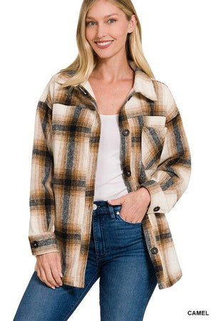 OVERSIZED YARN DYED PLAID LONGLINE SHACKET ZENANA 