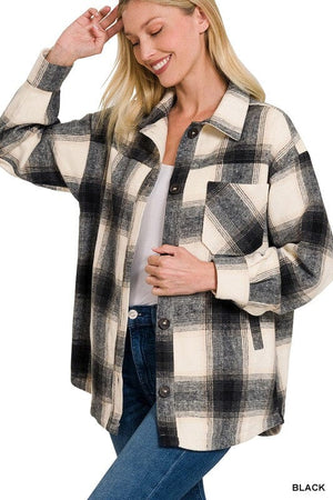 OVERSIZED YARN DYED PLAID LONGLINE SHACKET ZENANA BLACK S 