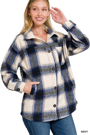 OVERSIZED YARN DYED PLAID LONGLINE SHACKET ZENANA NAVY S 