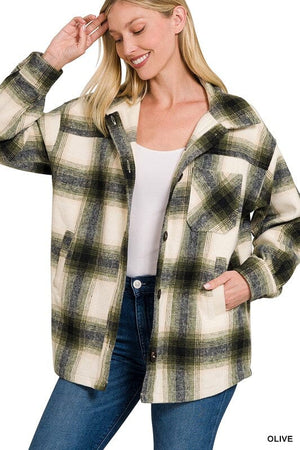 OVERSIZED YARN DYED PLAID LONGLINE SHACKET ZENANA OLIVE S 