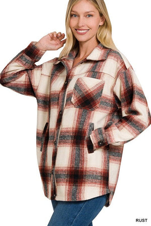 OVERSIZED YARN DYED PLAID LONGLINE SHACKET ZENANA RUST S 