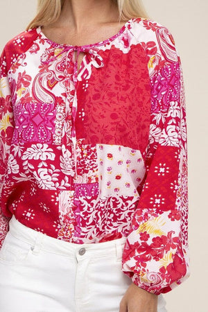 Patchwork Print Tie Neck Blouse Nuvi Apparel 