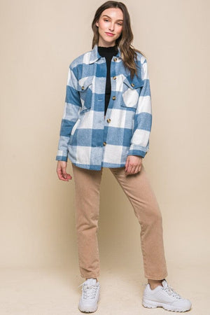 Plaid Button Down Jacket with Front Pocket Detail Love Tree 