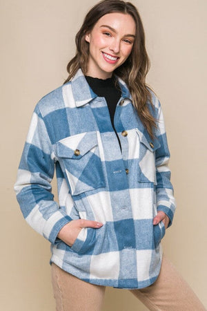 Plaid Button Down Jacket with Front Pocket Detail Love Tree BLUE S 