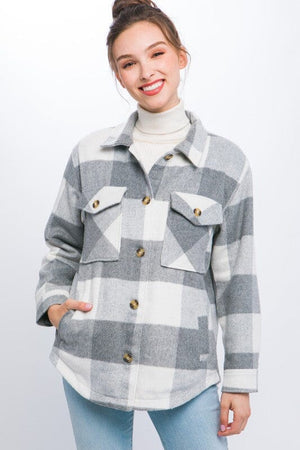 Plaid Button Down Jacket with Front Pocket Detail Love Tree GREY S 